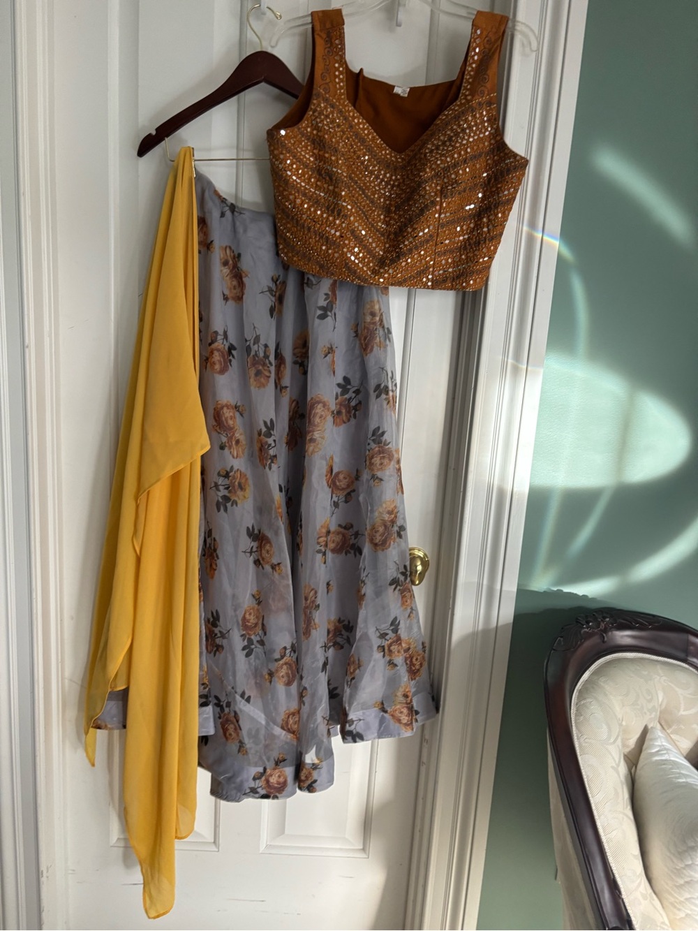 XL size Sequined Rust Crop Top with Floral long skirt and Dupatta. Size 42/44